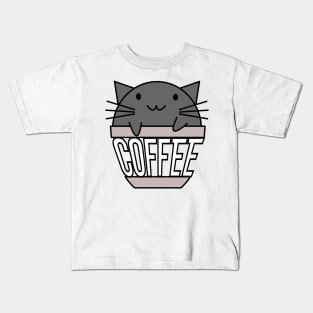 Happy cat in coffee cup with warped text black Kids T-Shirt